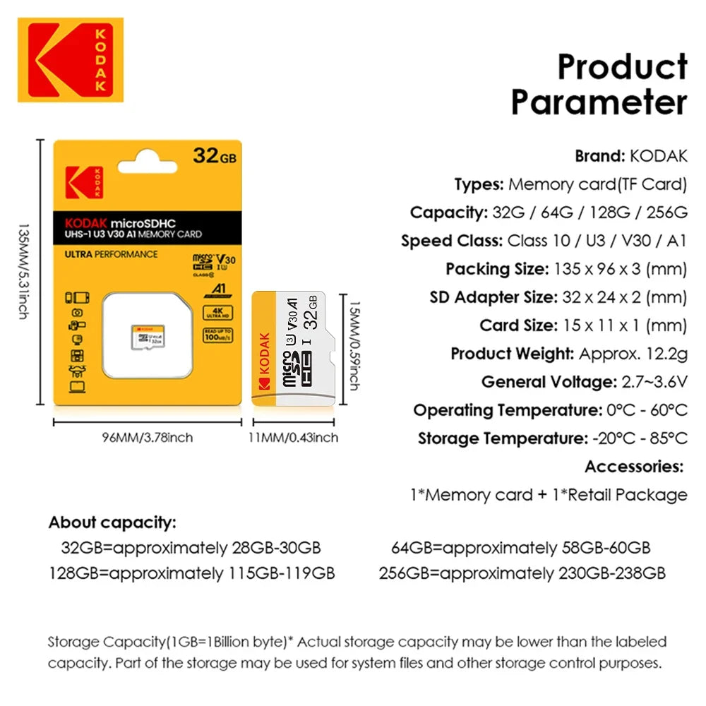 100% Original Kodak Micro SD Card 64GB Class 10 High Speed Memory Card 32GB Wholesale U3 Card 128G 256G Smartphone Tablet Camera