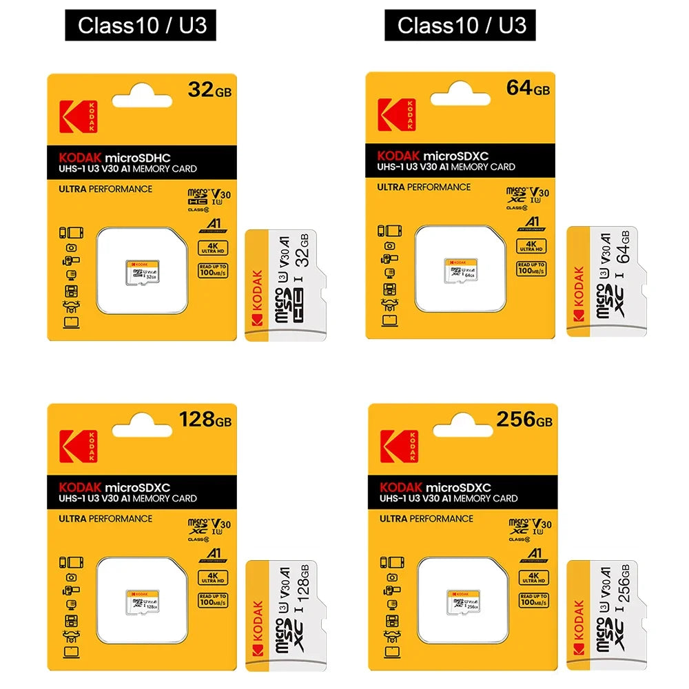100% Original Kodak Micro SD Card 64GB Class 10 High Speed Memory Card 32GB Wholesale U3 Card 128G 256G Smartphone Tablet Camera