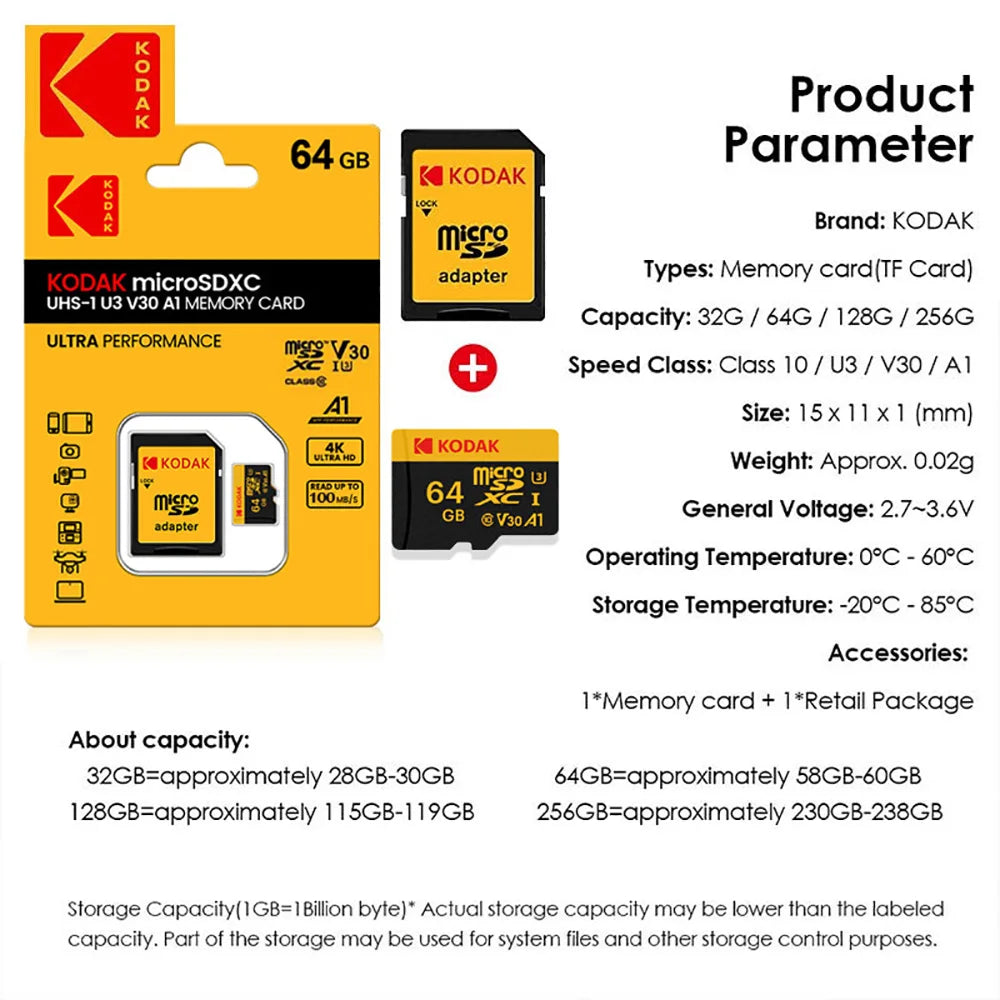 100% KODAK Original Microsd Card 512GB 256GB 128GB 64GB 32GB Class10 Memori Memory Card C10 TF Cards SDXC U3 4K For Drone Camera